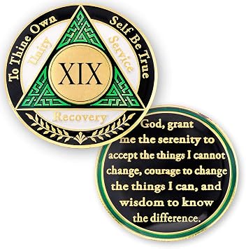 19 Year AA Medallions Sobriety Coin - Alcoholics Anonymous Chips - Nineteen Year Coins - Green White Black Token