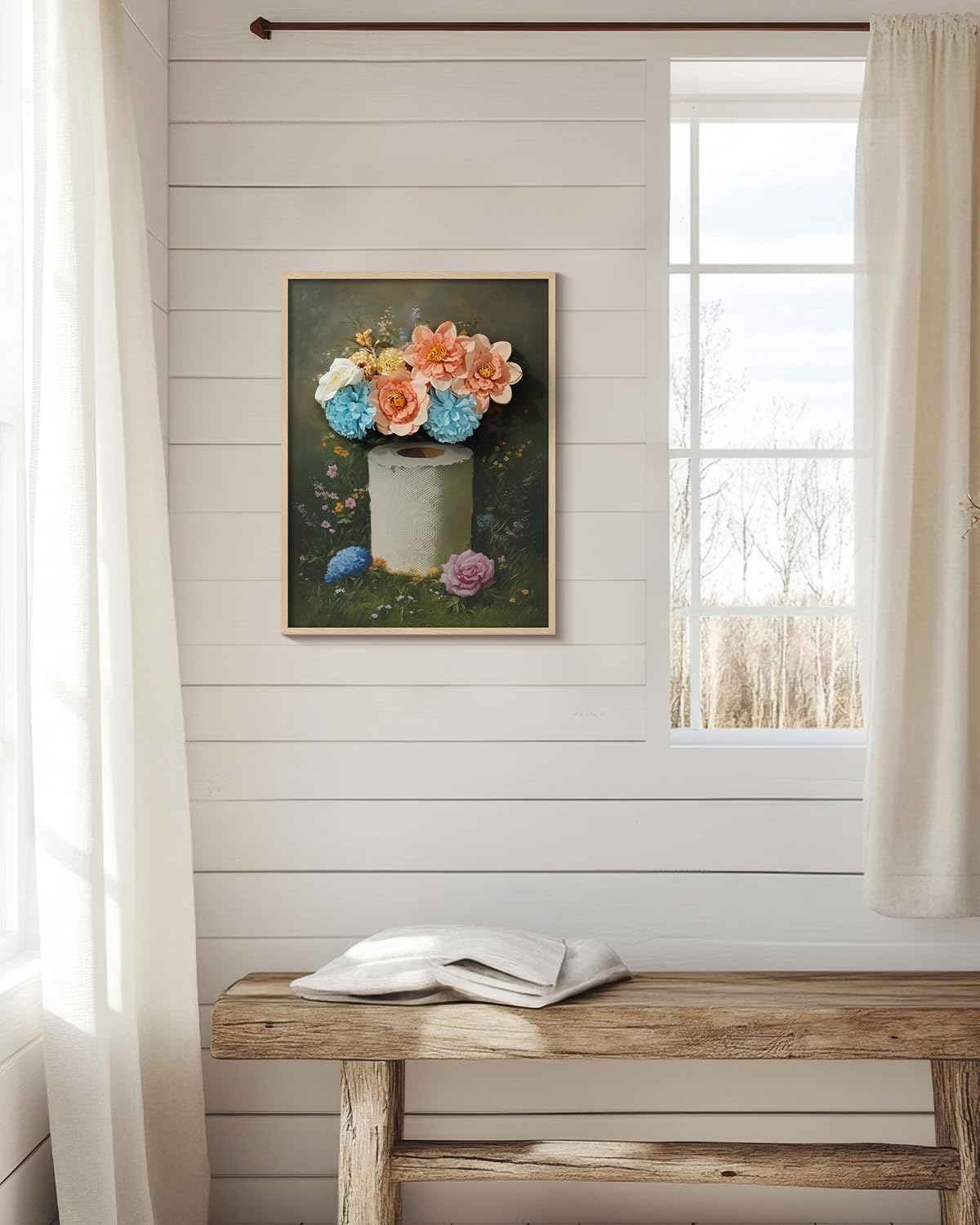 Hand-Applied 3D Floral Design Funny Toilet Paper Flowers Wall Art, Vintage 12x16 Inch Framed Canvas Painting with Faux Silk Blossoms, Realistic Dimensional Decor Bathroom Home Farmhouse