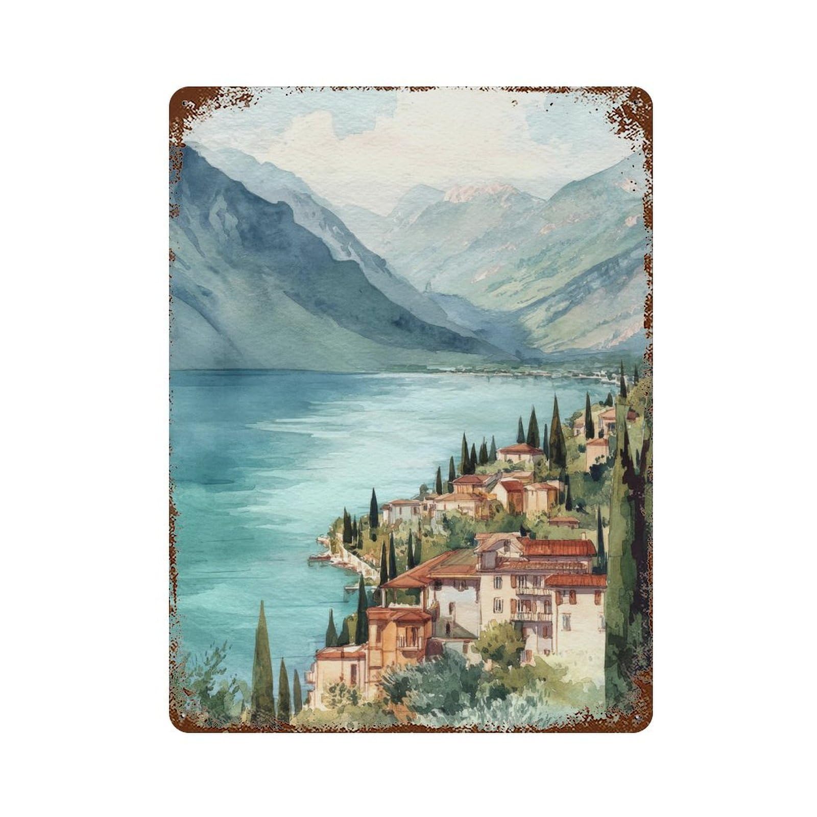 xiaoxiaoshen Lake Garda Italy Watercolor Travel Italian Coastal Landscape Wall Decor Art Metal Tin Poster Modern Home Decor Art Home Bar Shop Decorations Vintage Sign 40x30cm