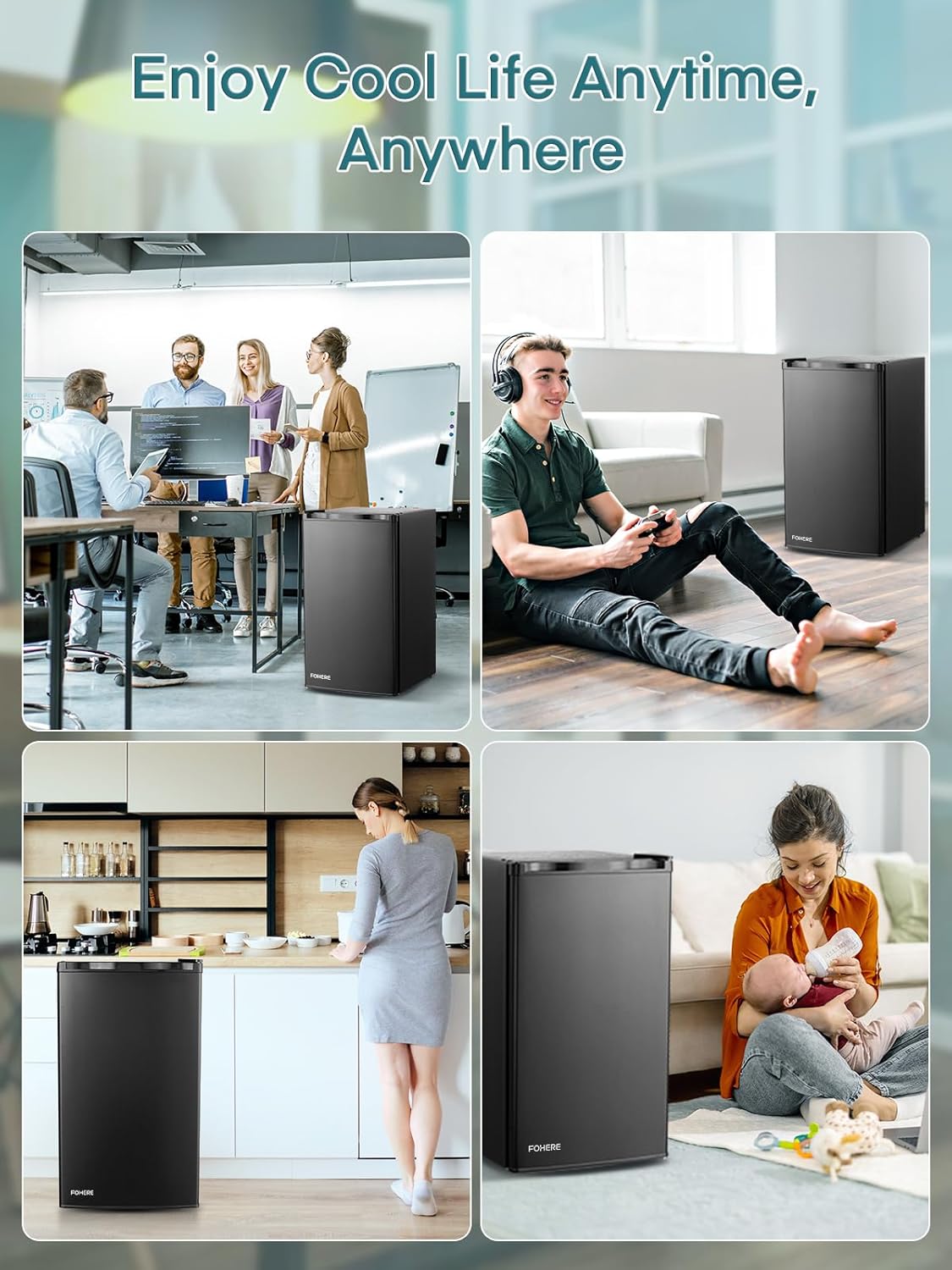 FOHERE 3.2 Cu.ft Mini Fridge for Bedroom, Mini Refrigerator with Freezer, Adjustable Thermostat, Removable Glass Shelves for Apartment, Black, BC-90U-E