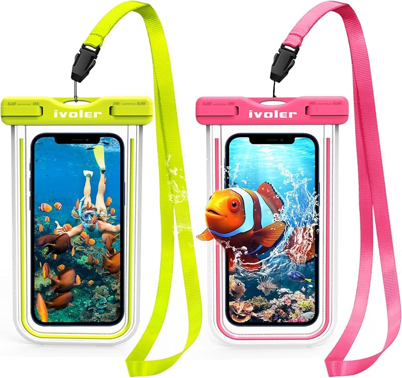 ivoler Vízálló Mobiltelefon Tok Szett (2db) - Univerzális Porálló Védőtok iPhone, Samsung, Huawei Készülékekhez, 6.7 Hüvelykig (Zöld + Rózsa