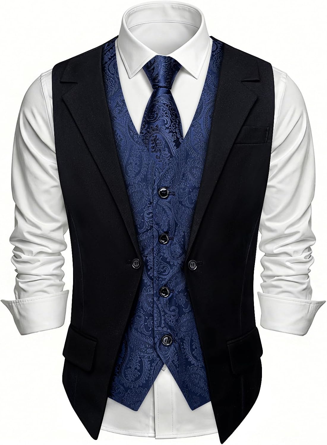 DiBanGu Men's Layered Suit Vest and Tie Set Formal Silk Paisley Vests Business Dress Waistcoat Wedding Party Tuxedo 6PCS