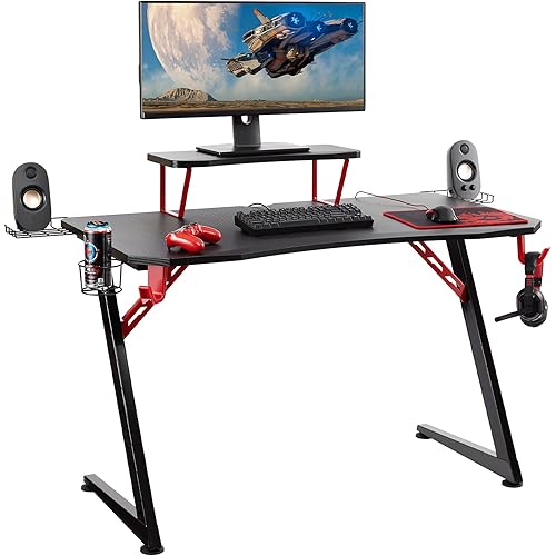 Seville Classics airLIFT Computer Writing Desk w/ Headset, Cup, Speaker Holders, Monitor Riser Table, Modern Work for Home Office Workstation, Black/Red, 47" Carbon Fiber Z Frame