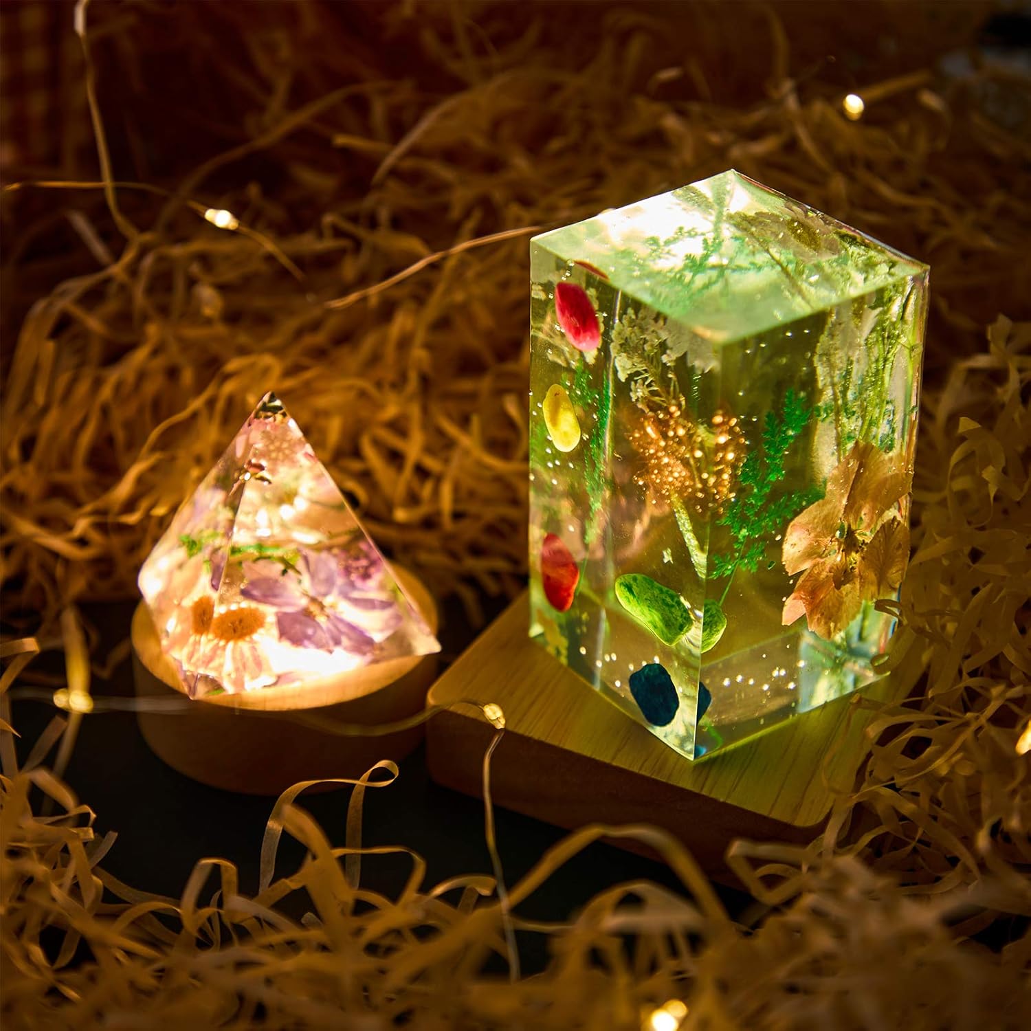 4 Pieces Pyramid Square Light Epoxy Resin Mold,LED Silicone Molds for Resin Rectangle LED Light Resin Mold with Wooden Lighted Base for Crystal Resin Art Home Decoration