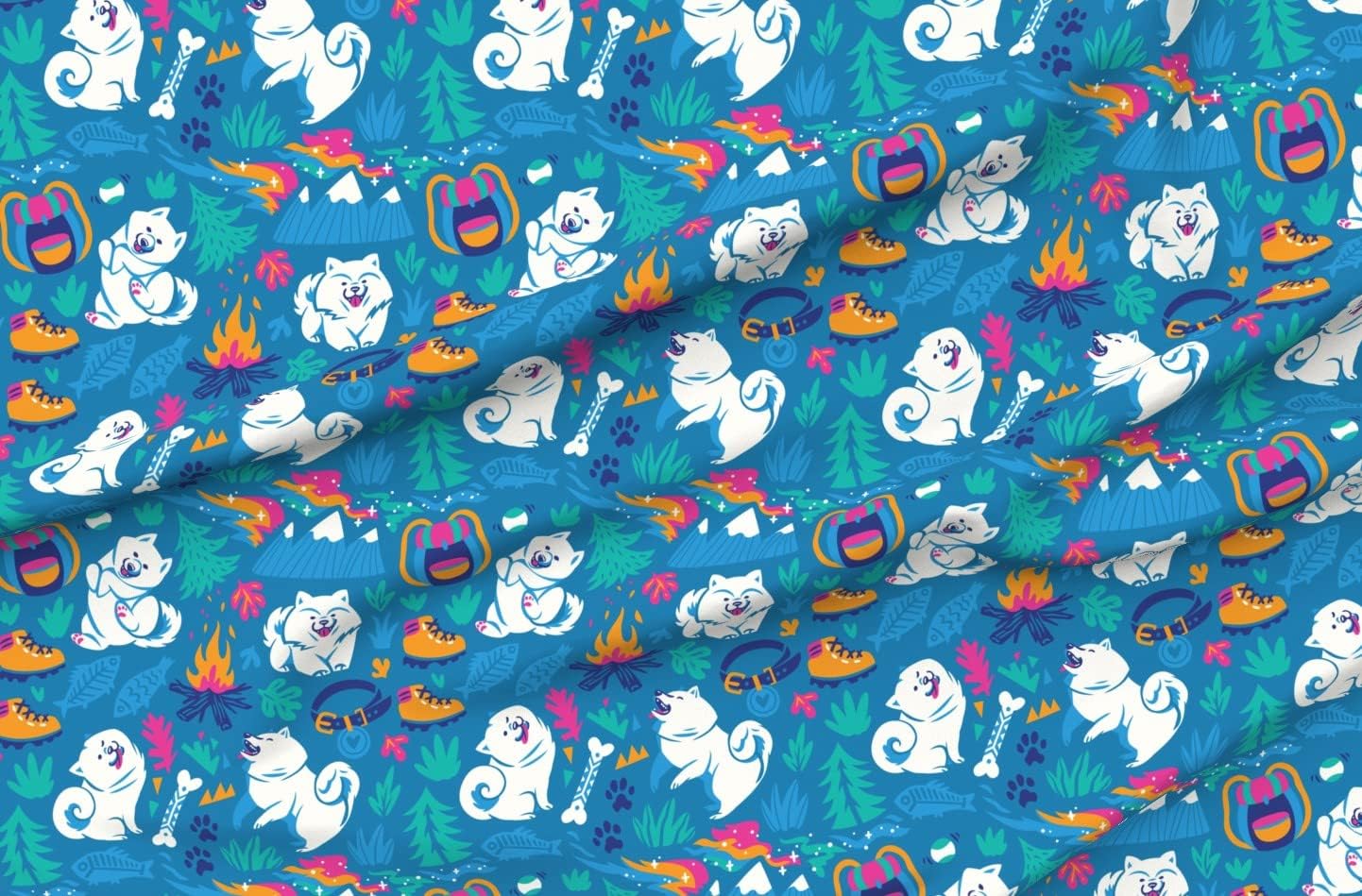 Spoonflower Fabric - Hiking Samoyed Dogs Husky Puppy Camping Travel Printed on Organic Cotton Sateen Fabric by The Yard - Sewing Quilting Apparel Home Decor