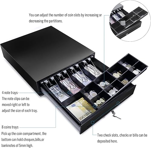 Miniatura 3 de HONEY BEAR Cajón para efectivo de 16 pulgadas, acero de calibre pesado, bandeja de 4 billetes y 8 monedas, apertura manual, apertura manual (estilo