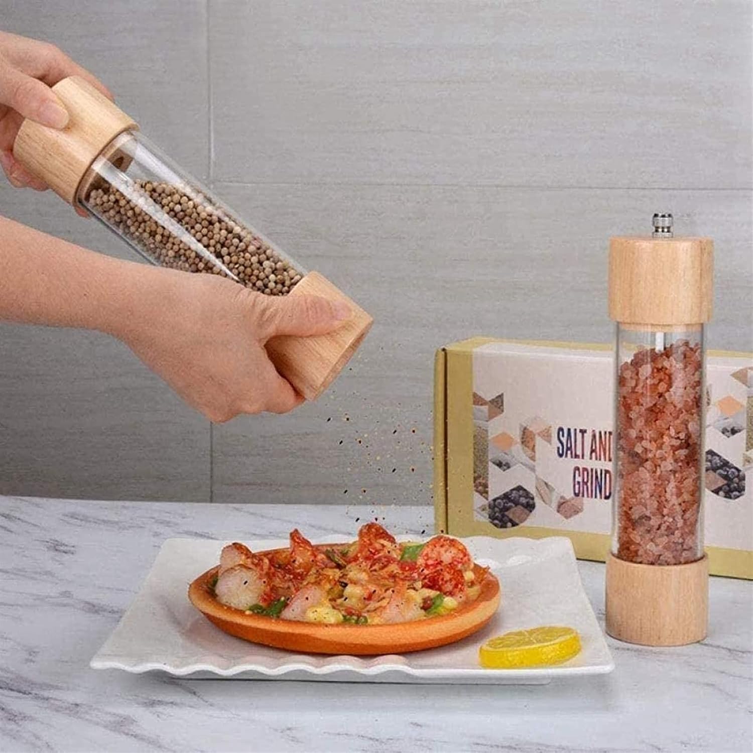 Salt and Pepper Grinder Set,Manual Salt and Pepper Shaker,Wood Salt and Pepper Grinder with Adjustable Thickness,Ceramic Rotor Grinding