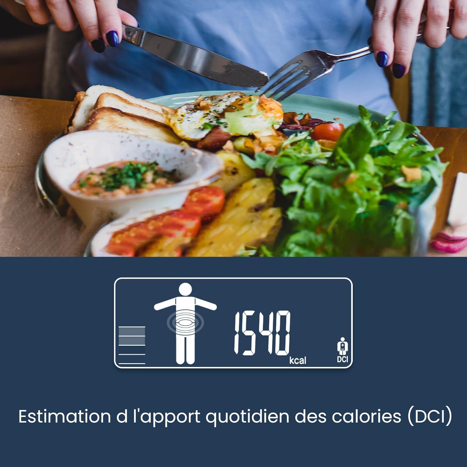Scale display showing an estimated daily calorie intake (DCI) of 1540 kcal, with a meal in the background.