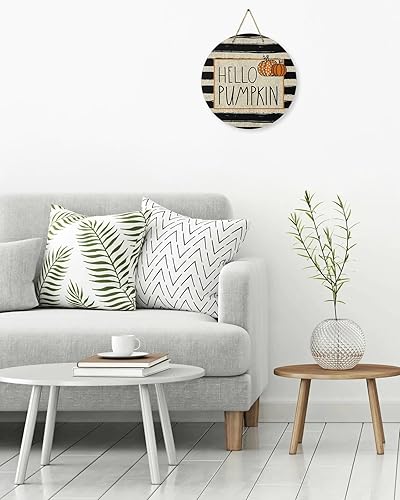 Miniatura 4 de Front Door Decoration Welcome Sign, Retro Black White Stripes Hello Pumpkin Thanksgiving Fall 10 Inch Round Wood Hanging Sign, Seasonal Wall Wreaths