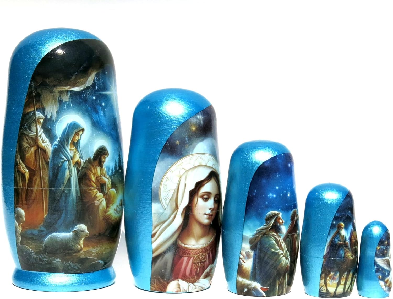 New Authentic Handmade, Hand-Painted Nativity 5 Piece Russian Nesting Doll with Original and Authentic Images and Colors - 5.75 Inches Tall with Glossy Metallic Blue Gift Box