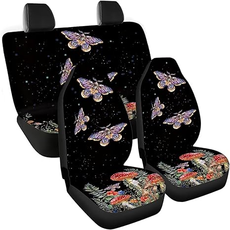 Mushroom Butterfly Car Seat Covers Front Rear Seat Cover Cloth Polyester Fabric Seat Pads for Car Decorative, Vehicle Interior Accessories,Auto Essentials for Cars Trucks and SUVs