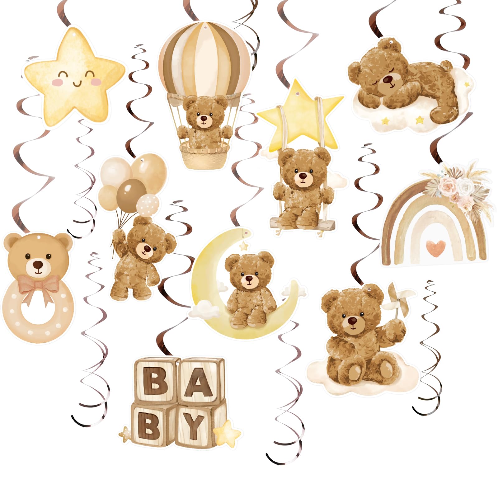 24 pcs Bear Baby Shower Hanging Swirls Brown Teddy Bear Theme Single Double Swirls Mixed Ceiling Swirl Decor for Kids Boys Girls Baby Shower Hanging Decorations Party Favor Supplies
