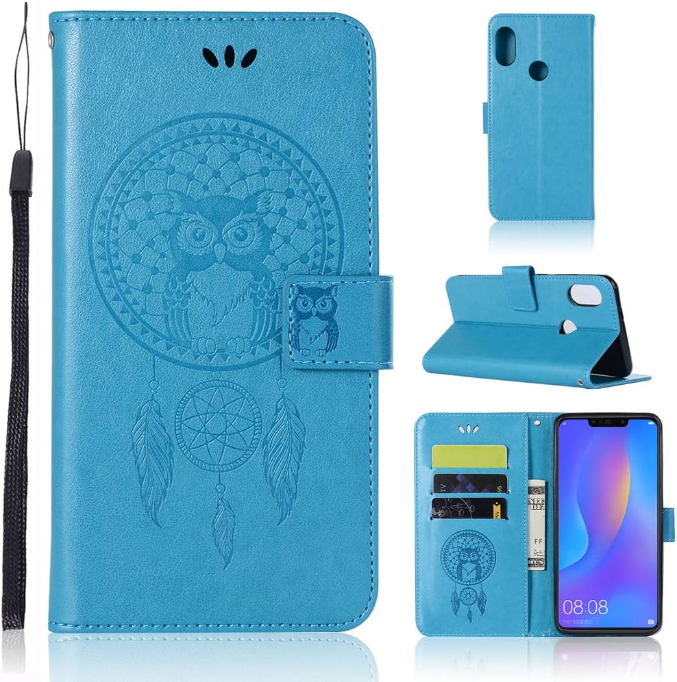 Zchen Funda Honor 8X, Funda Honor View 10 Lite, Funda Piel con Tapa Suave TPU y Cuero de PU Tipo Libro Billetera Resistente a los Golpes Carcasa para Huawei Honor 8X (Atrapasueños Búho-Azul)