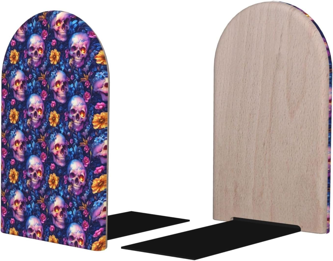 Book Ends for Shelves 1 Pair – Vintage Floral Skull Print Wood with Metal Base Bookends for Heavy Books, Book Stand Organizer Holder for Books