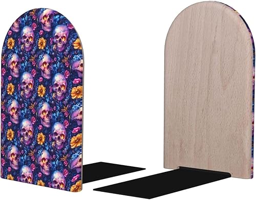Book Ends for Shelves 1 Pair - Vintage Floral Skull Print Wood with Metal Base Bookends for Heavy Books, Book Stand Organizer Holder for Books