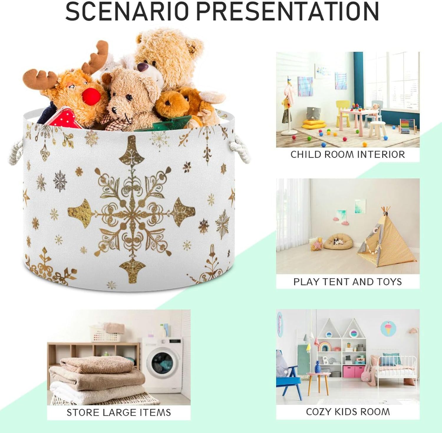 senya Christmas Basket Storage, Gold White Snowflakes Pattern Storage Bin Box Laundry Hamper Organizer Bag with Handles for Clothes