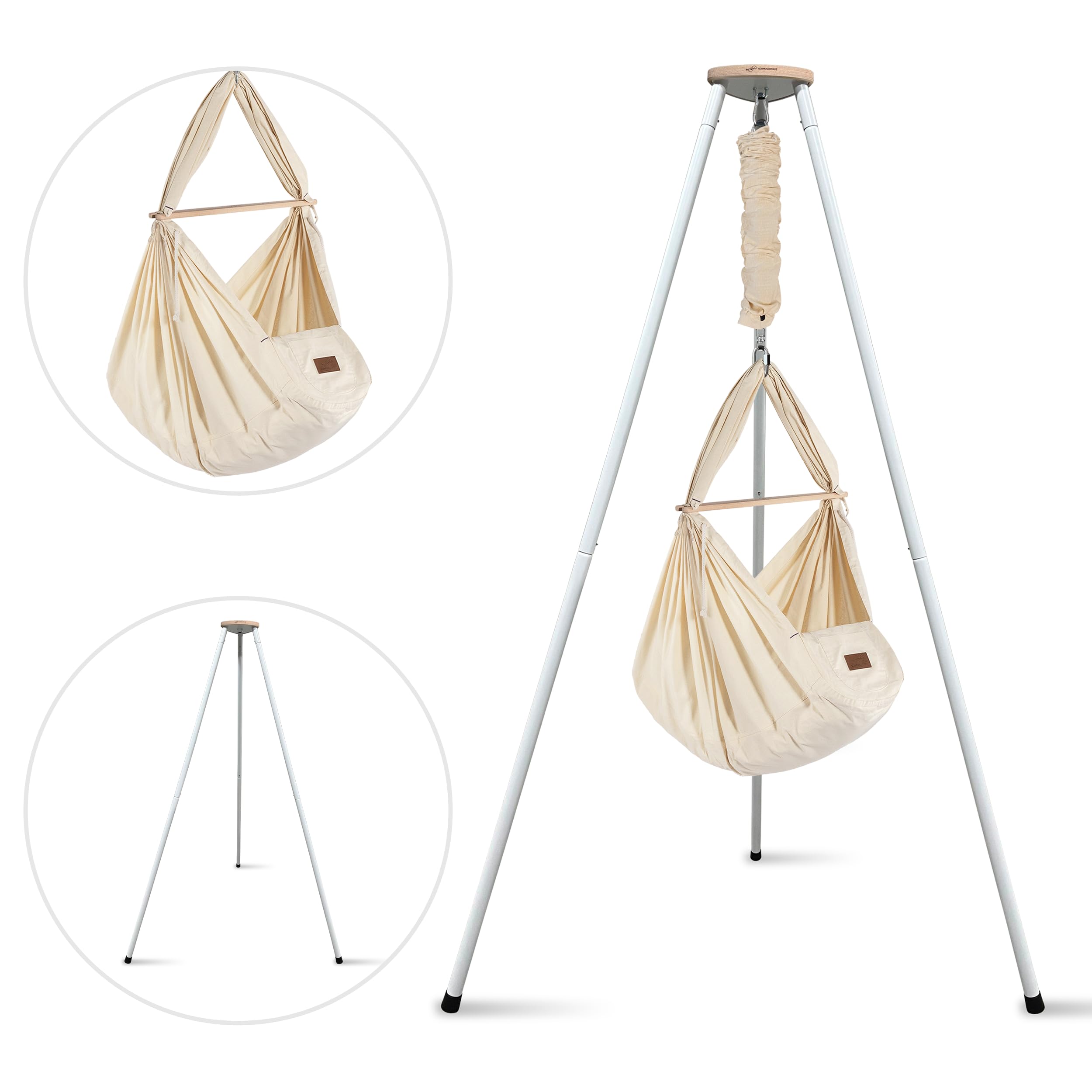 SCHMUSEWOLKE Federwiege - Set mit weißem Tipi-Gestell - Hängematte für Babys und Kleinkinder ab Geburt bis 3 Jahre - Bio-Baumwolle - Mit Schafwoll-Matratze