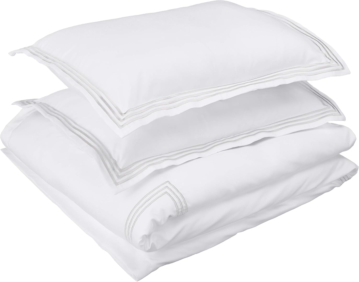 Amazon Basics Embroidered Hotel Stitch Duvet Cover Set - Soft, Easy-Wash Microfiber - Full/Queen, White with Light Grey Embroidery