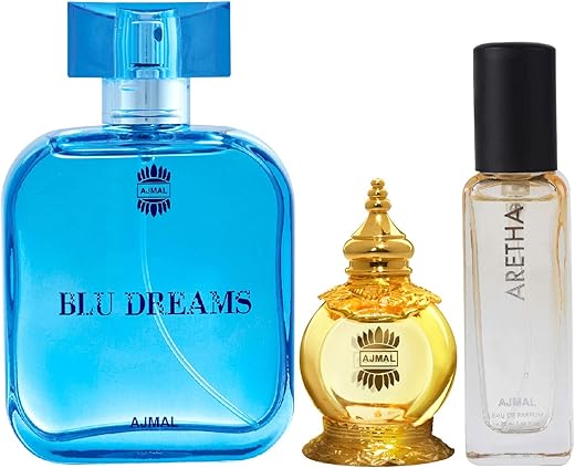 Ajmal Blu Dreams EDP 100ml and Mukhallat AL Wafa CP 12ml & Aretha EDP 20ML Pack of 3 (Total 132ML) for Men & Women