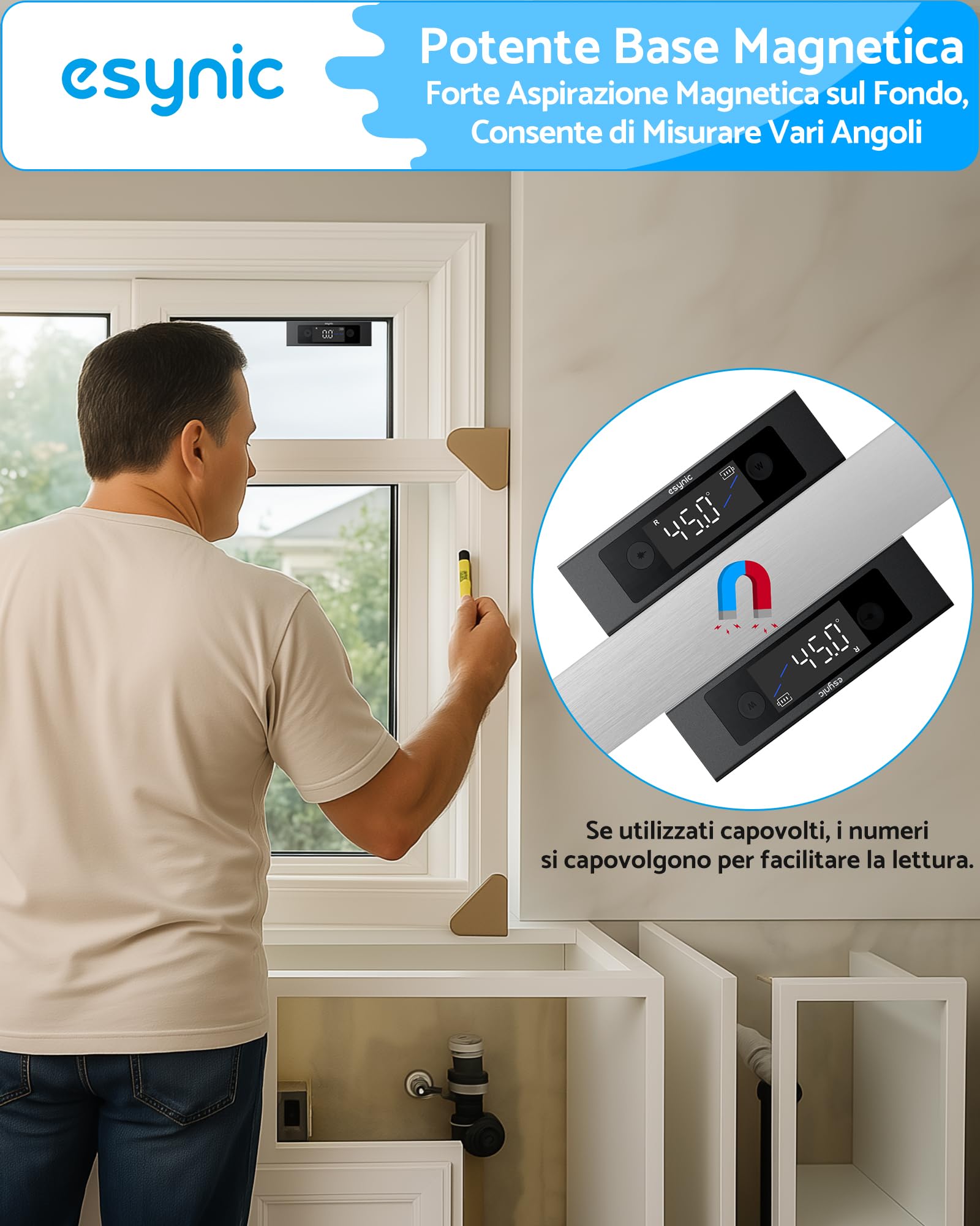 eSynic 4x90°Level Box Digitale con 2 Linee Laser, Doppio LCD Inclinometro Dual Asse X/Y, Base Magnetica, Goniometro Ricaricabile in Lega Alluminio Unità °/% / MM/M per Falegnameria Decorazione - Nero