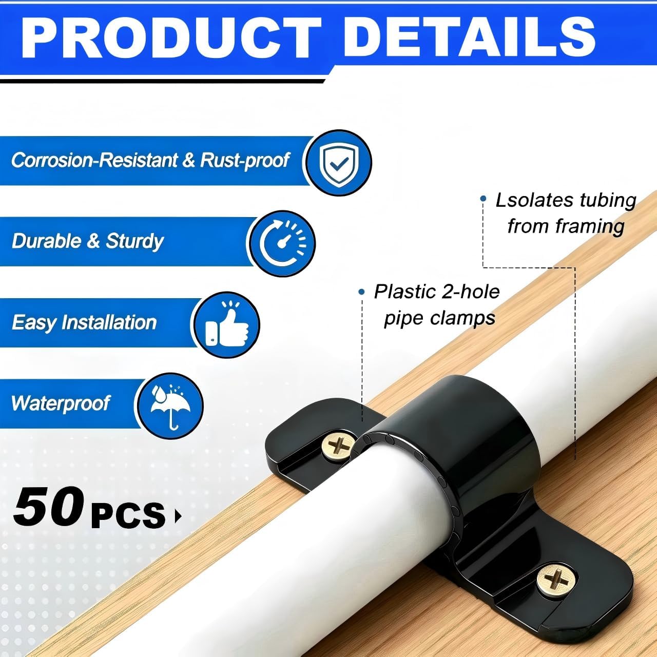 50 Pcs 1/2 Inch Pipe Supports Clamp, Suspension Clamp Pipe Clamps for Pex Copper CPVC(Black) (1/2inch)