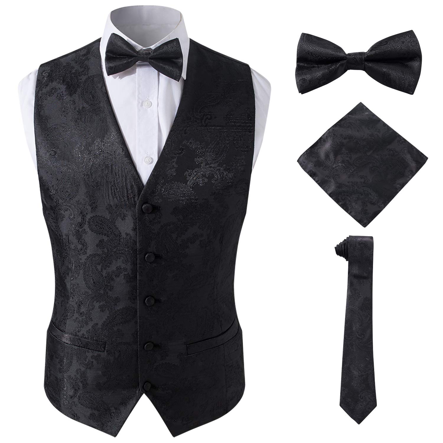 Men's Black Vest Set with Neck Tie, Hanky for Tuxedo or Suit,Black,2XL