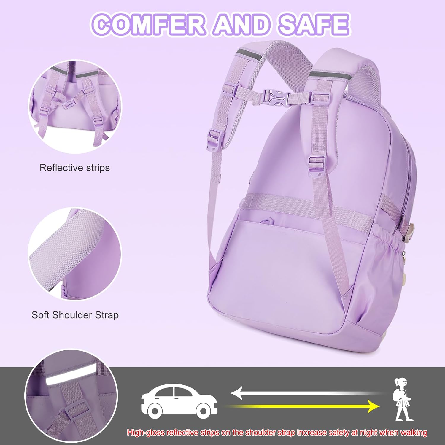3PCS Girls Backpack for School, Kids Backpack for Girls with Lunch Bag Pencil Case, Kids Bookbag Teen Backpacks for Elementary Middle High School (Purple) - Image 6