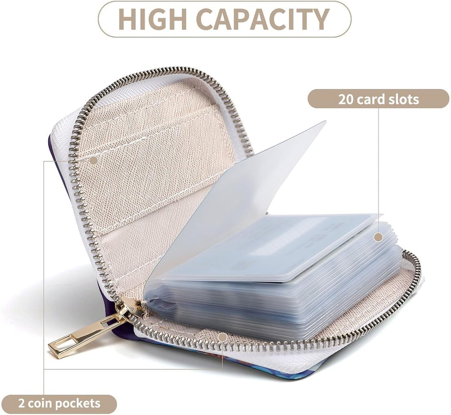 Leather Card Organizer Case Card Wallet Credit Card Holder Blue Owl Printed Zipper Card Cases Holder for Women Men