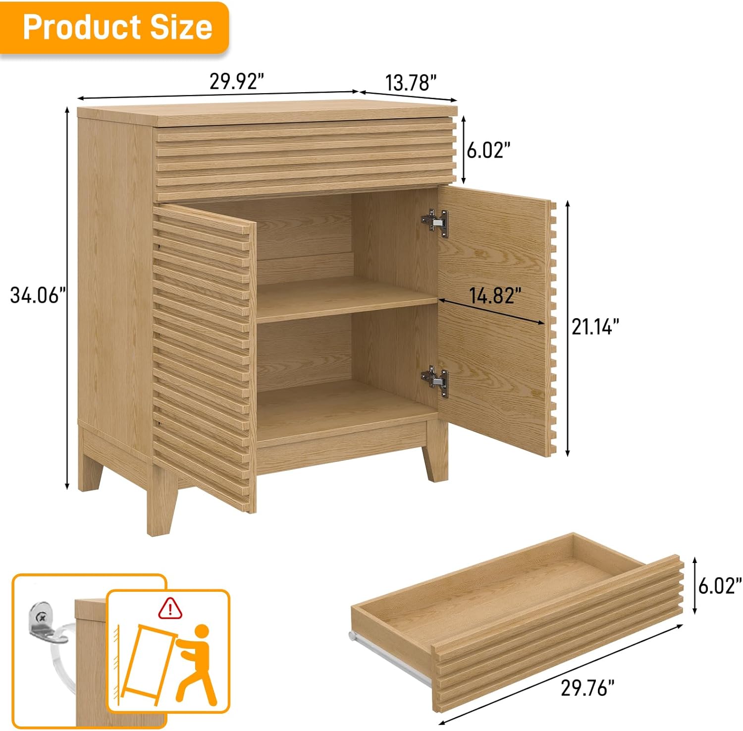 Vabches Fluted Buffet Cabinet with Storage, Coffee Bar Cabinet with a Drawer, Sideboard Buffet Kitchen Storage Cabinets with Adjustable Shelves for Living Room, Kitchen, Natural Oak