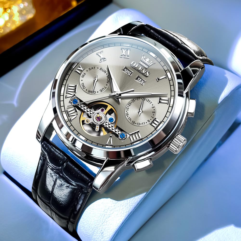 OLEVS Men's Watch Automatic Luxury Dress Tourbillon Chronograph Big Face Calendar Self Winding Wrist Watches for Men Business Moon Phase Mechanical Male Watches Luminous Waterproof