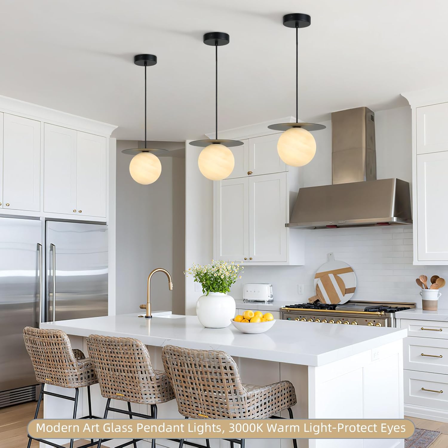 Black Pendant Lights Kitchen Island,Handblown Art Glass Shade Kitchen Pendant Lighting Over Island Hanging Bathroom Light Fixtures Adjustable Chandelier for Dining Room,Living,Foyer,Hallway, Entry