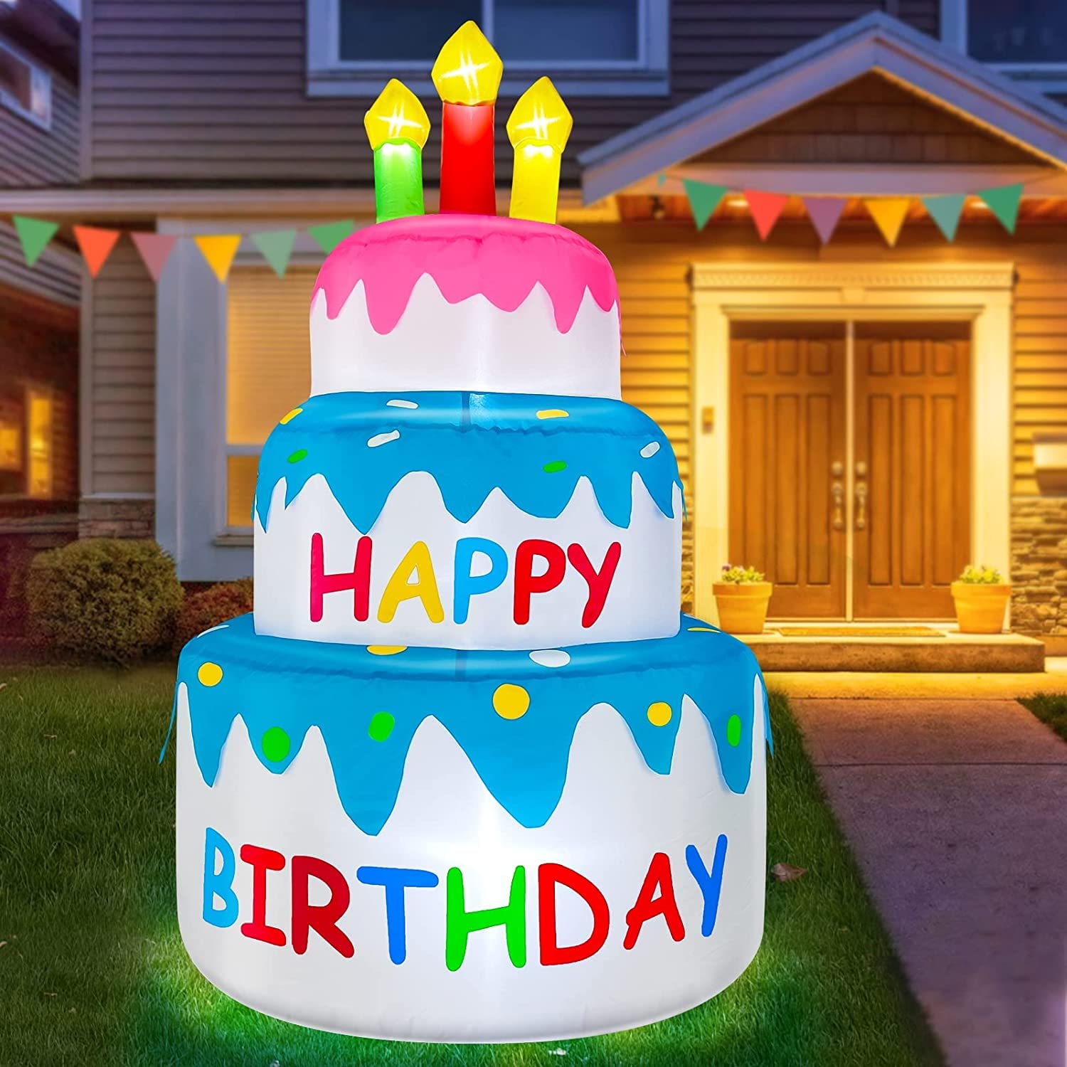 4 Ft Inflatable Happy Birthday Cake Decorations Outdoor Lighted Blow Up ...