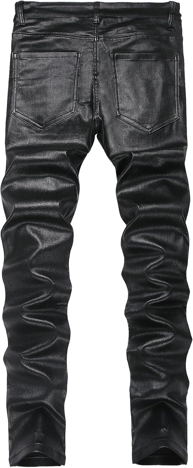 Mens Disco Faux Leather Skinny Pants for Men Stretch Slim Fit Costume Night Club Theme Party - Image 3
