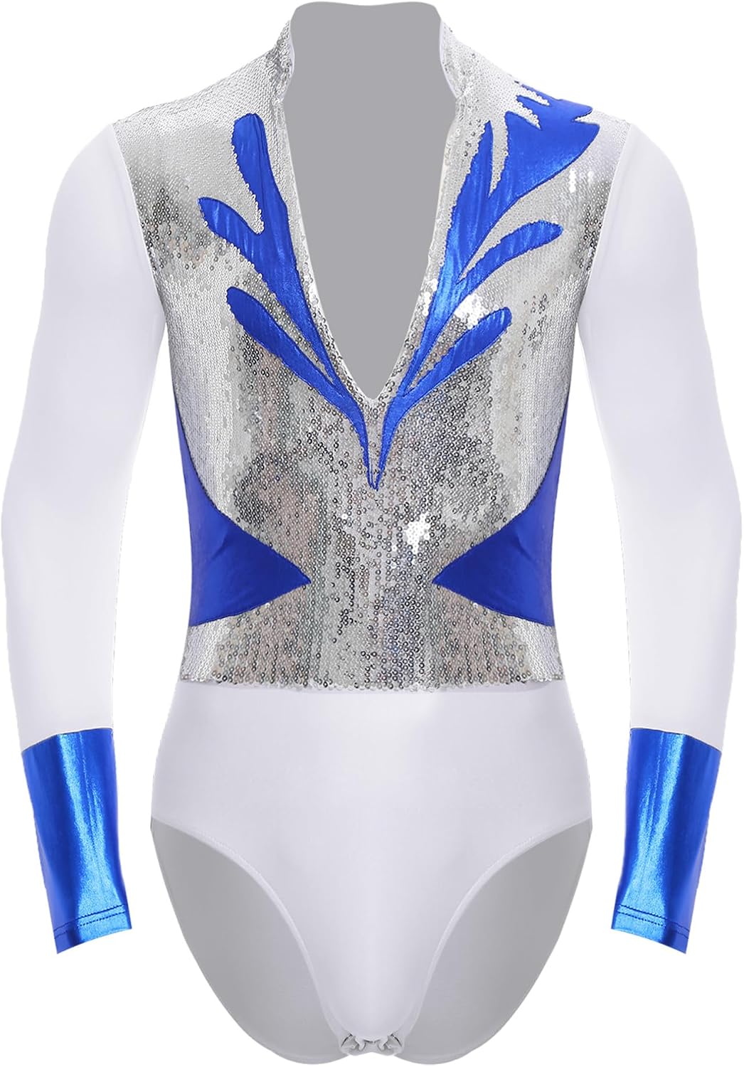 FEESHOW Men's Figure Skating Bodysuit Gymnastics Leotard Sequin Metallic Patchwork Unitards Ballet Dancewear