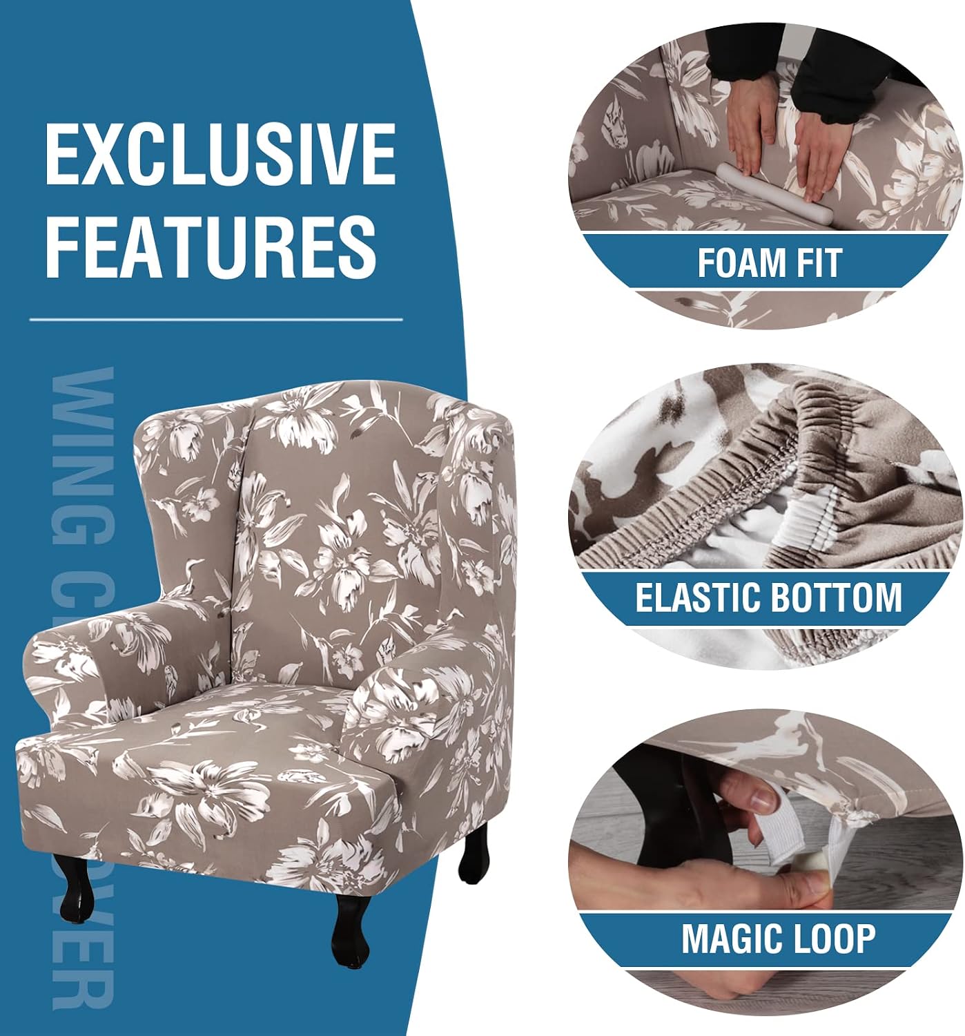 Floral Printed Fleece Wingback Chair Slipcover - 1-Piece Super Stretch Wing Chair Cover, Elastic Bottom for Easy Fit, Modern Style Furniture Protector (Taupe)