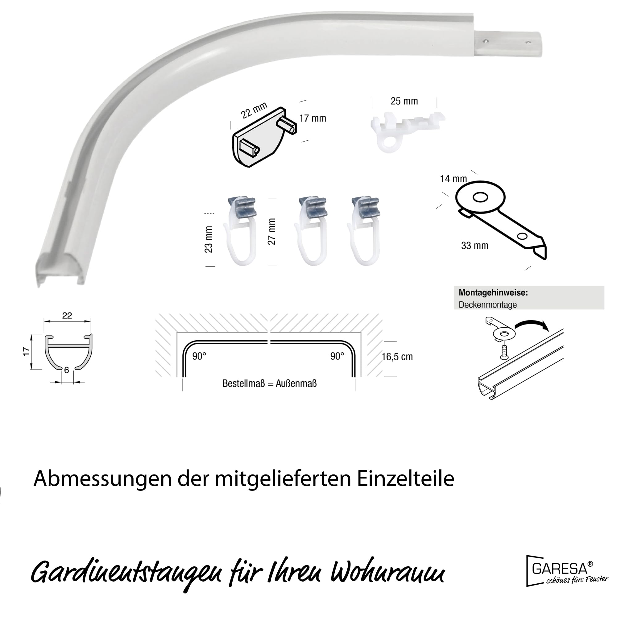 Garesa Gardinenschiene Profil 400, 1-läufig, Weiß I Aluminiumschiene inkl. Gleiter I Mit Retouren I Deckenmontage I Halbrunde Vorhangschiene I 270cm