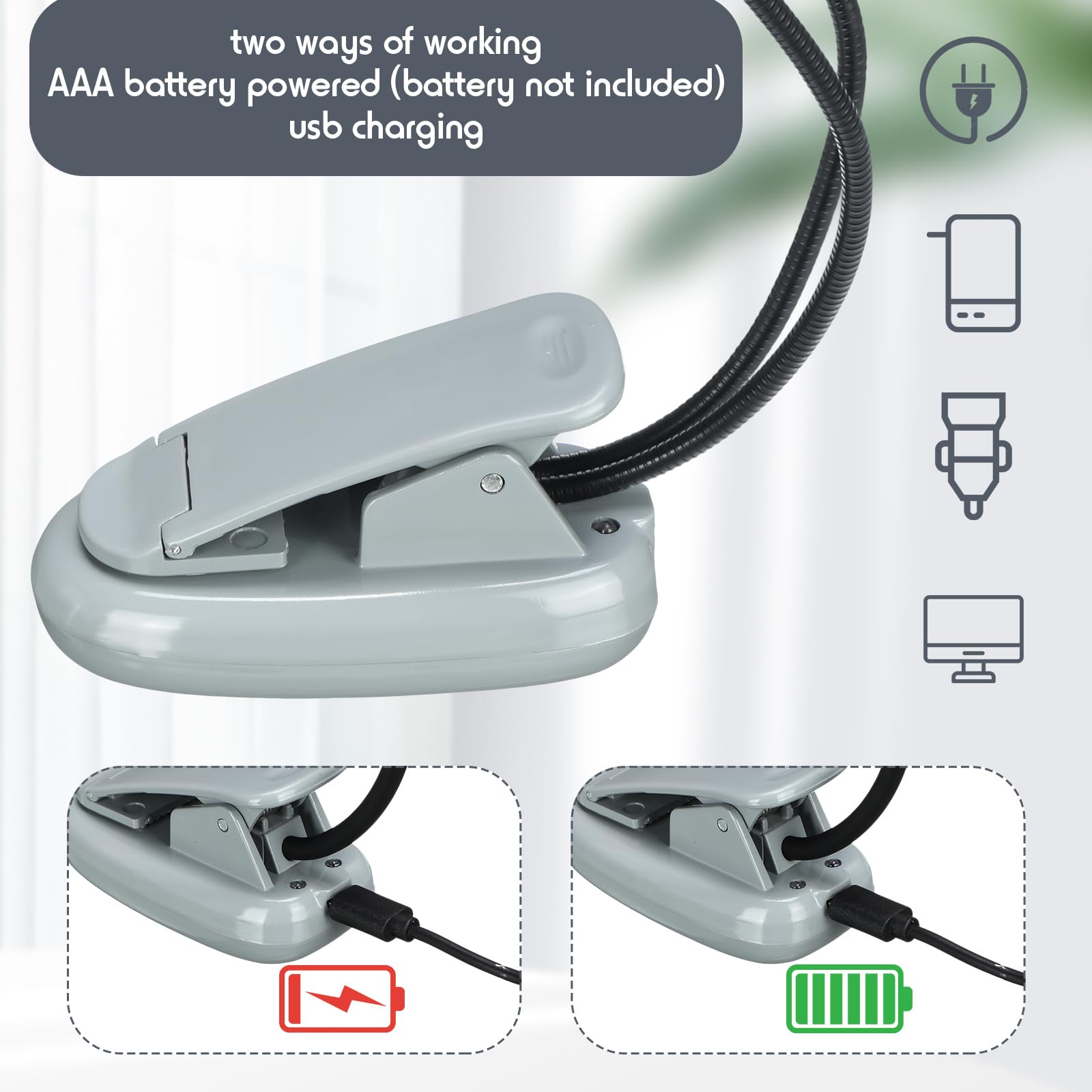Retisee 6 luces LED de lectura con clip para soporte de música, funciona con pilas AAA, 3 niveles de brillo, ideal para músicos, pianistas, niños, batería AAA no incluida, gris plateado