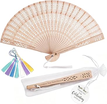 Personalized Wedding Fans, Custom Folding Hand Fan | Bulk guest favors with text or logo engraving, tassel and organza bag for wedding, bridal shower, party or graduation