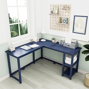 Max & Lily L Shaped Desk, Corner Desk for Home Office, Gaming, Computer with Storage Shelves, 55 x 55 Inches, Blue