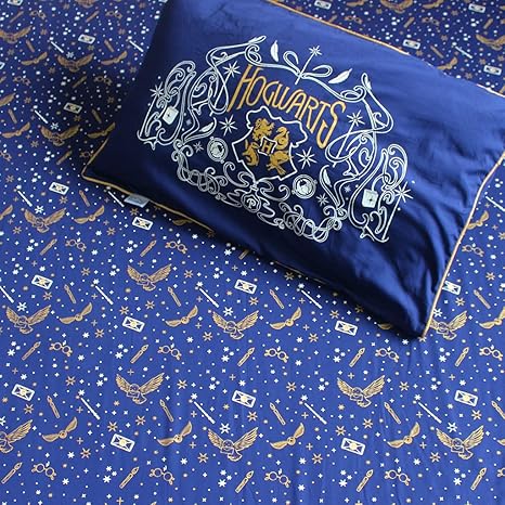 Silverlinen Official Warner Bros Wizarding World Harry Potter 100% Cotton 250 TC Single Bedsheet for Kids Room for Boys and Girls with One Pillow Cover - Hogwarts (Blue & Gold)