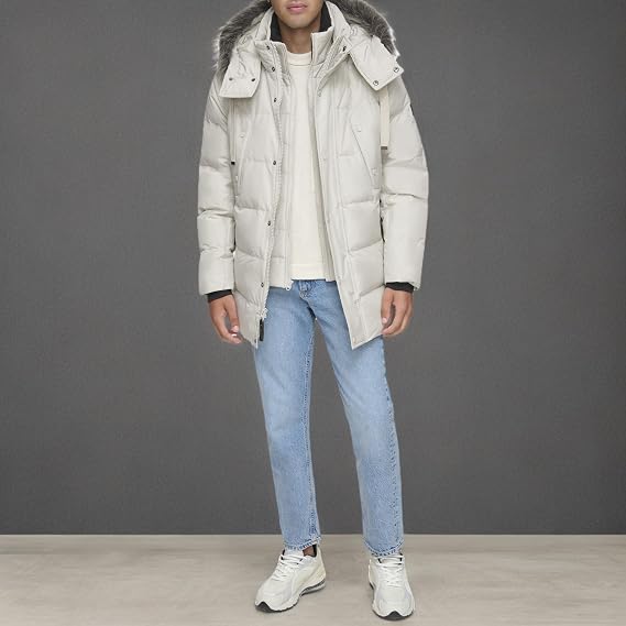 Andrew Marc Men's Gattica Down Parka Jacket With Removable Faux Fur Trimmed Hood and Bib