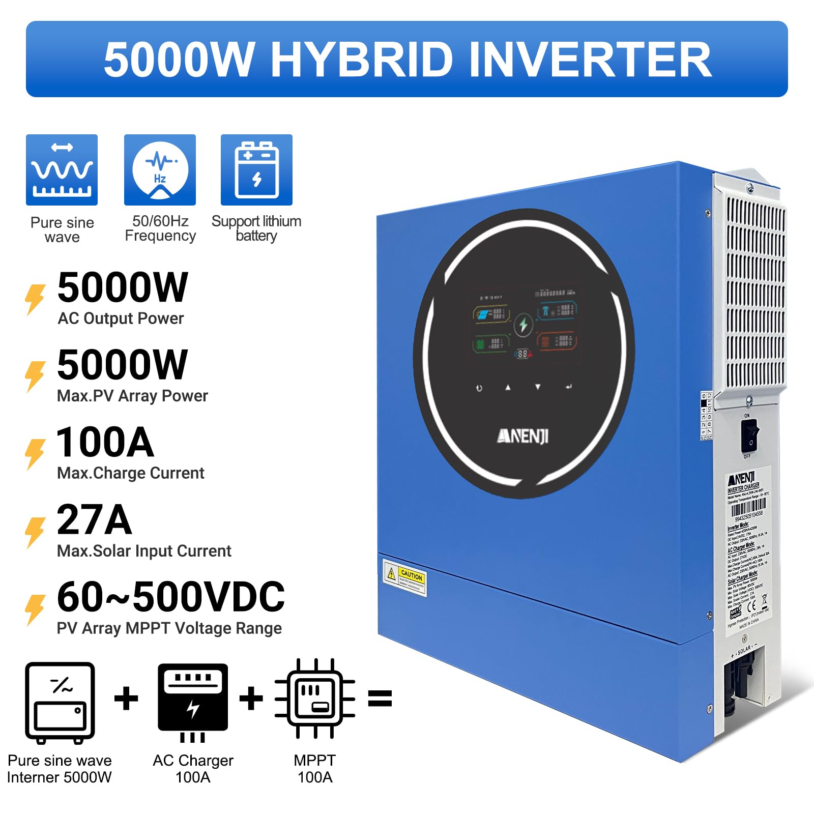 5kW Hybrid-Wechselrichter 48Vdc zu 230Vac, Integriertes WiFi-Modul, 2 AC-Ausgänge,PV 60-500Vdc,Off Grid Reine Sinus Welle Solar Wechselrichter 100A MPPT Für Bleisäure-und Lithium-Batterien