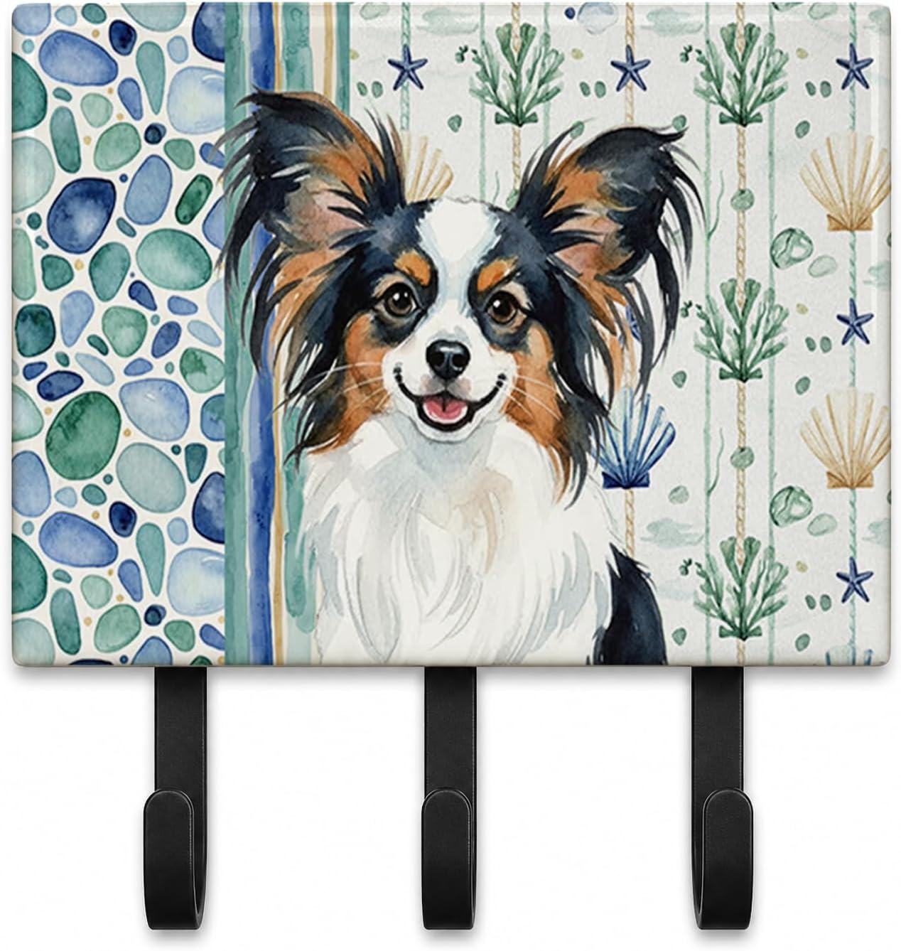 Caroline's Treasures Tricolor Papillon Coastal Sea Glass Leash or Key Holder Wall Hooks, Coat Rack Wall Mount, for Hanging Keys, Towels, Aprons, Leashes