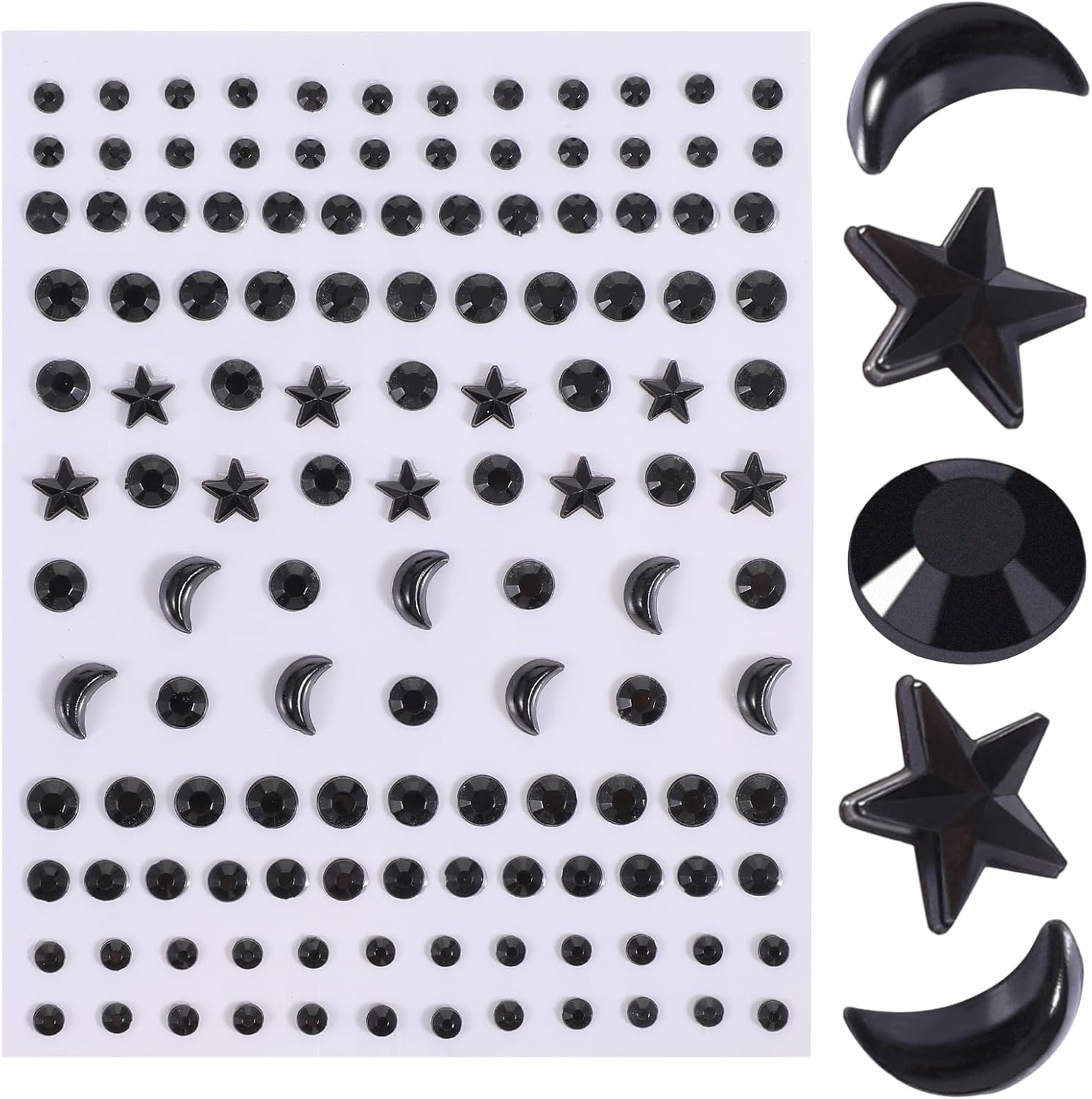 6 Sheet Self Adhesive Moon Stars Face Gems Stickers, Hair Gems Face Eye Jewels Rhinestones Festival Essentials Rave Accessories Rhinestone Stickers Body Nail Makeup Stickers(Black)