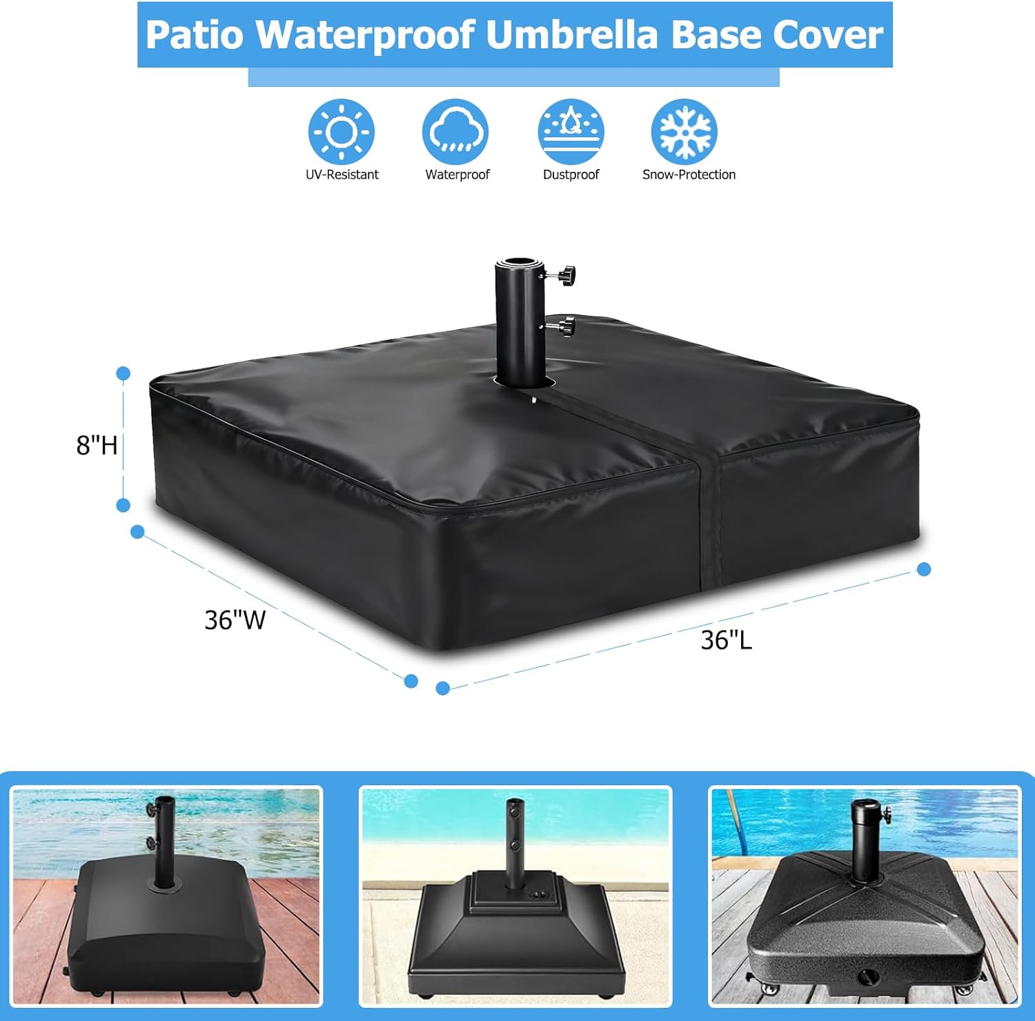 Rileytee Patio Umbrella Base Cover,Outdoor Heavy Duty 600D Waterproof Anti-UV Square Umbrella Stand Base Cover (Black, 36"L x 36"W x 8"H)