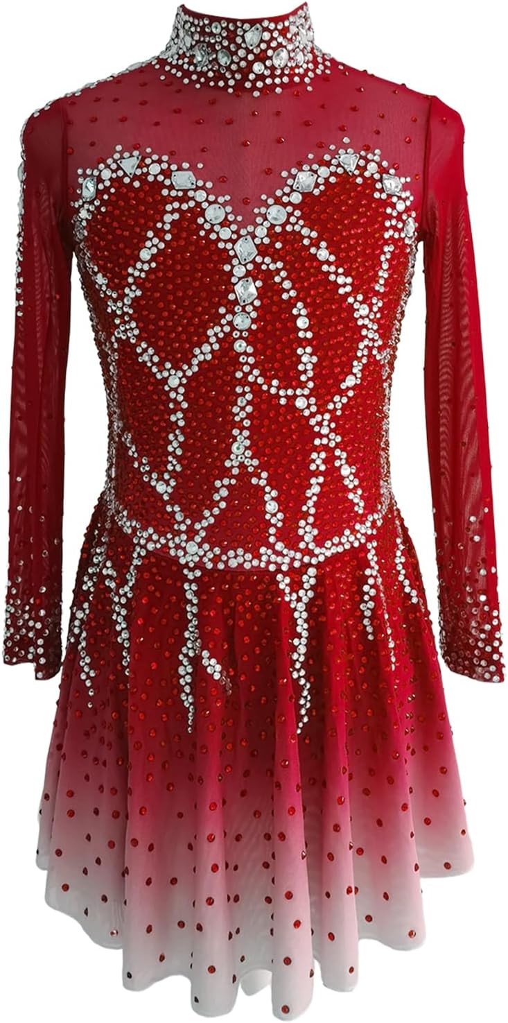 LIUHUO Ice Figure Skating Dress Girls 'Womens Long Sleeve Competition Elegant Handmade Crystal Diamond