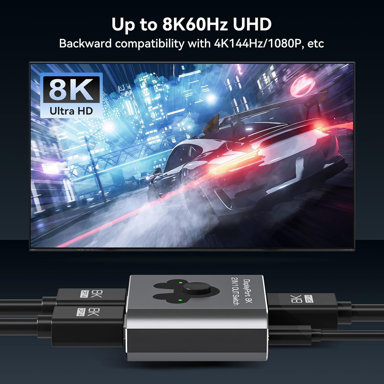 8K60Hz DisplayPort Switch 2 in 1 Out DP 1.4 Switcher Selector Box Support 4K@144Hz High Resolution 2x1 Display Port Monitor Switch for Laptop, Desktop, TV Monitors Projectors etc
