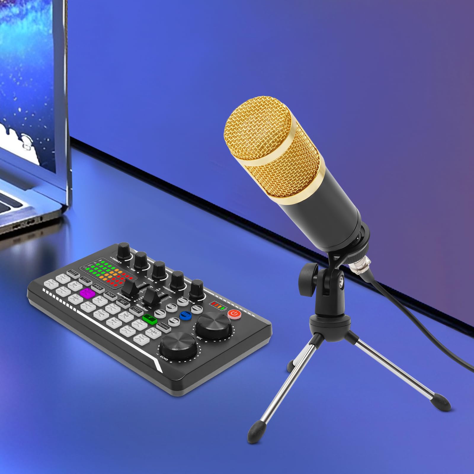 Podcast, set di microfono USB a rene, condensatore, microfono audio, mixer con scheda audio, mixer per streaming, podcasting, registrazione podcast per laptop, personal computer, smartphone