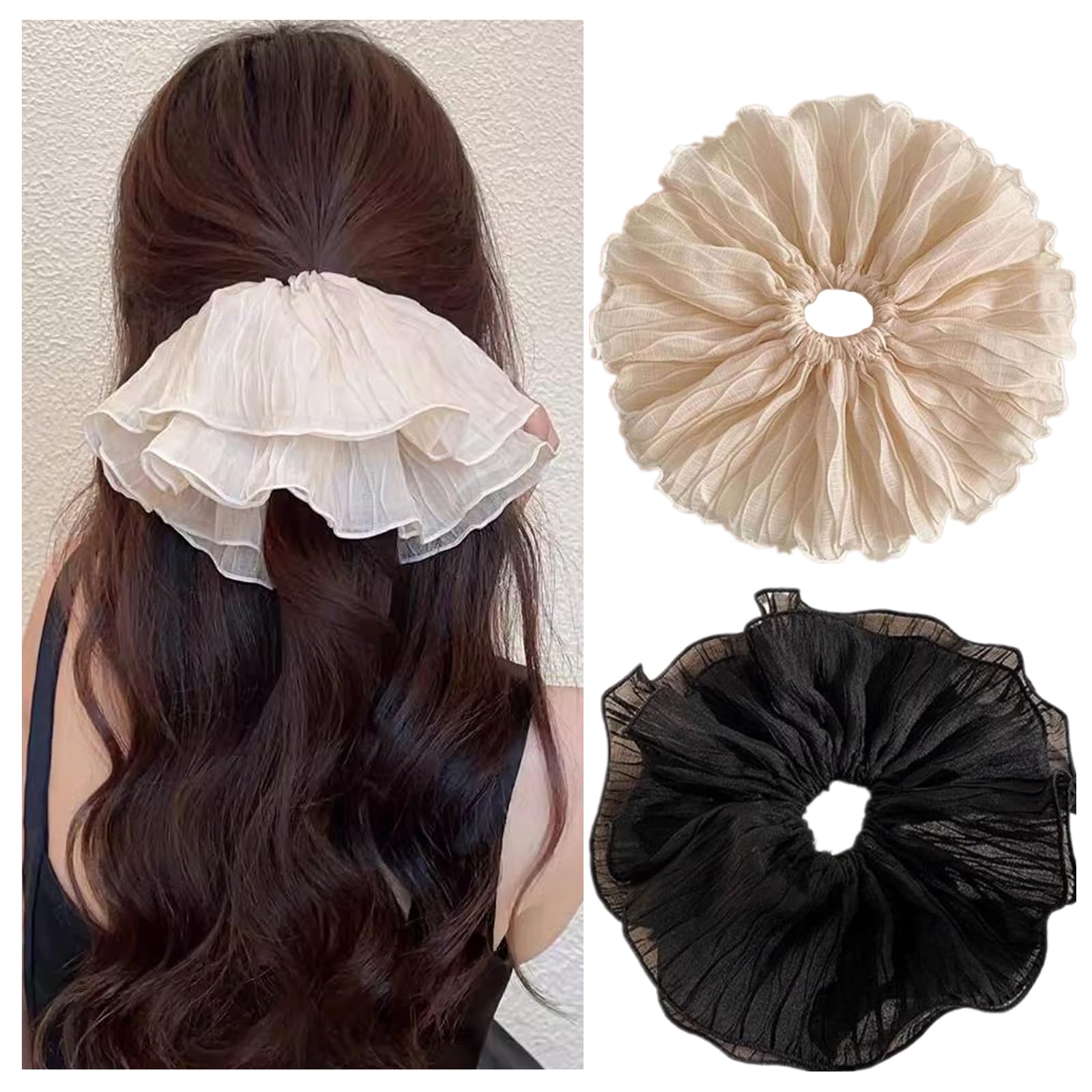 Langzu シュシュ パール 大きめ サテン エレガント おしゃれ 大人 デイリー 髪飾り 2点セット ヘアゴム 髪に跡が残らず ボリューム 髪ゴム レディース (パールなし)