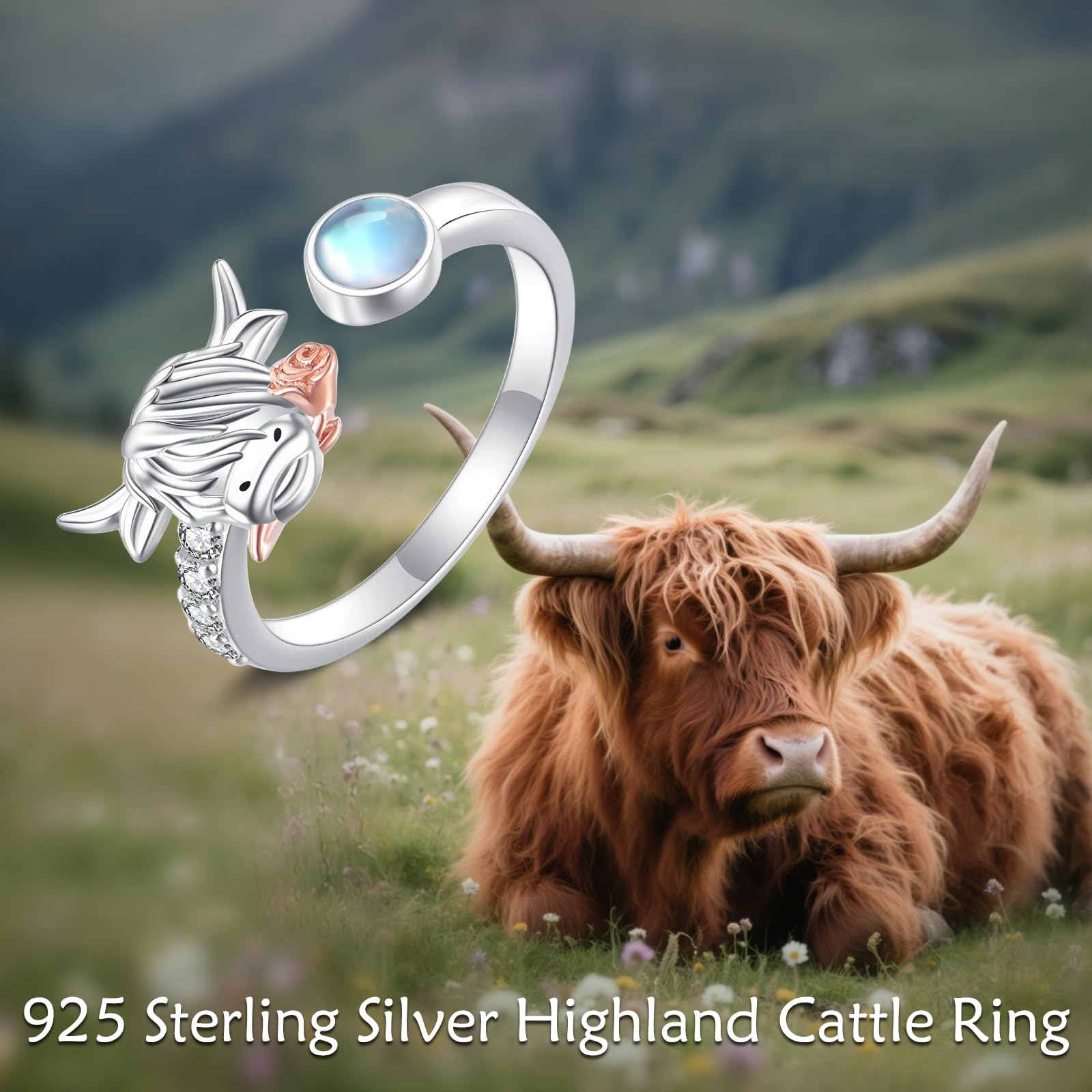 URONE Highland Rind Ring 925er Sterling Silber Mondstein Kuh Offene Ringe Süßer Tier Schmuck Geschenke für Damen